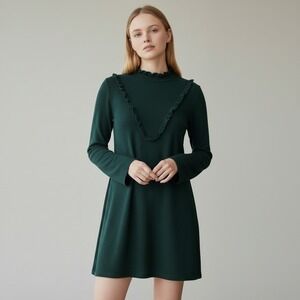 Zara Ruffle Neck Mini Women's Dress Forest Green Long Sleeve Shift Womens Small